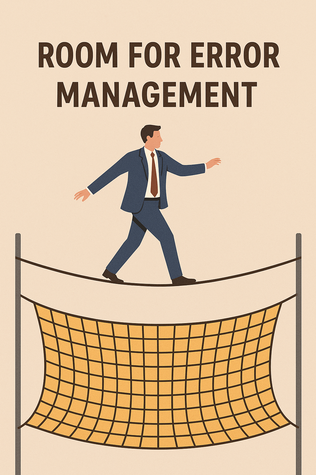 "Illustration of a businessman walking on a tightrope with a safety net below, representing room for error management and resilience in decision-making."