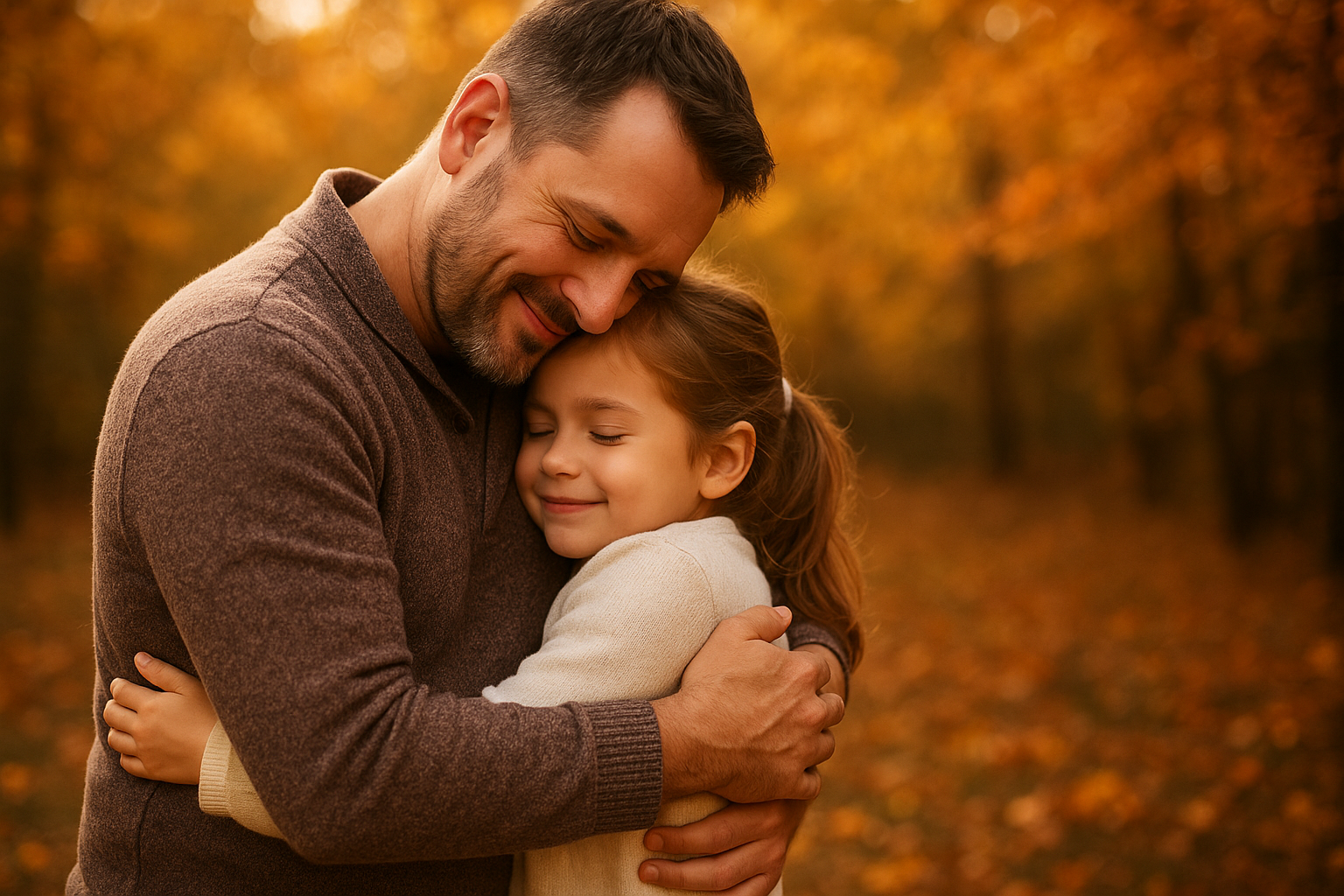 father and daughter in autumn embrace