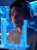 A person wearing XR headphones with a microphone, interacting with a glowing blue holographic city display, set against a modern tech background with computer screens and blue lighting.