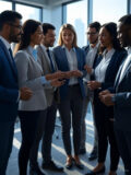 A group of diverse professionals sitting and standing in a modern office, engaged in discussion, representing AI agents at work.