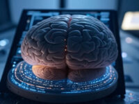 A 3D model of a human brain connected to a futuristic interface with glowing lights and sensors.