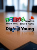 A group of professionals in a meeting room with logos of Zoho, Deloitte, Ernst & Young, and PwC on the table.