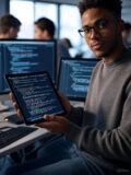 A young man in a gray sweater holding a tablet displaying simplified code, standing in front of computer screens showing complex code in a modern office setting, representing low-code and no-code development.