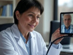 A doctor in a white coat participating in a telemedicine video call with a patient, with the patient