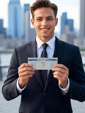 A person in a suit holding an H1B Visa with a blurred cityscape in the background.