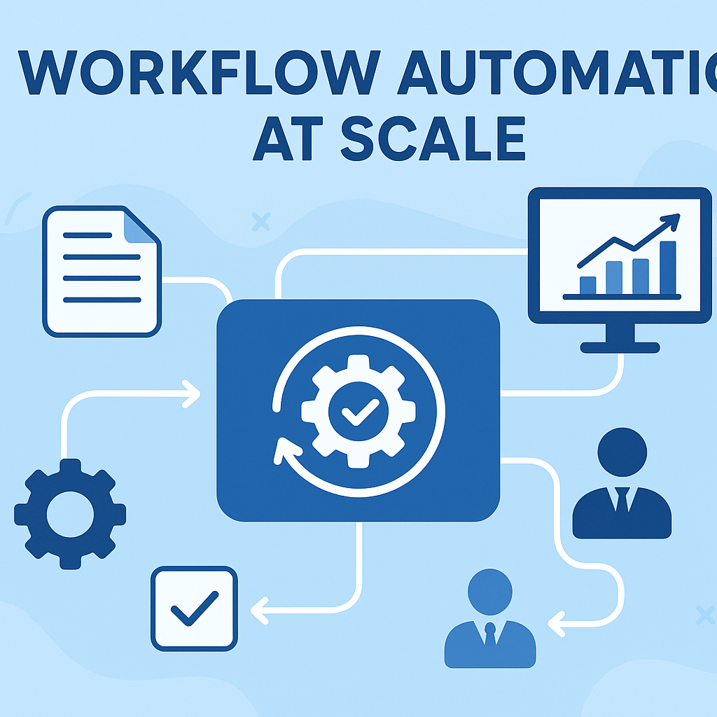 Illustration of workflow automation at scale with interconnected icons of gears, documents, people, and analytics, symbolizing digital process automation and business efficiency.
