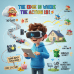 A fun, stylized diagram explaining Edge Computing. A happy boy wearing a VR headset, with "0 ms Latency" visible, is central. On the left, a "Giant Central Place" cloud (The Cloud) shows slow traffic (Latency) on an "Internet Highway." On the right, small "Pizza Kiosks" (Edge Computing) are close to the house, demonstrating fast data processing, local autonomy (solar panel/Wi-Fi devices), bandwidth savings (trash can icon), and security (locked chest).