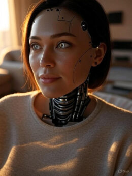 A woman with robotic enhancements on her face and neck, wearing a light gray sweater, sits indoors with a warm background light.