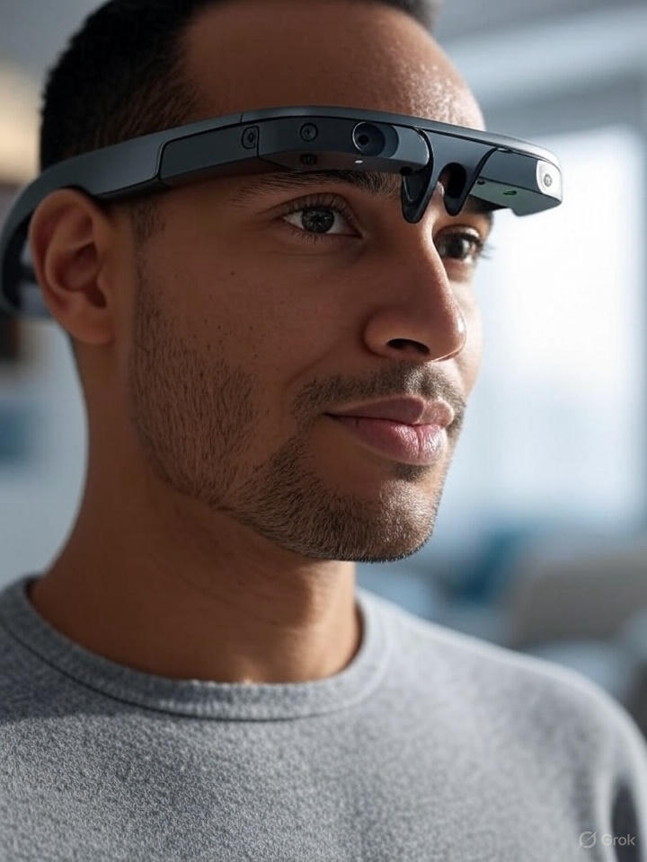 A person wearing advanced smart glasses and a smartwatch with glowing sensors on their arms, suggesting futuristic wearables technology.
