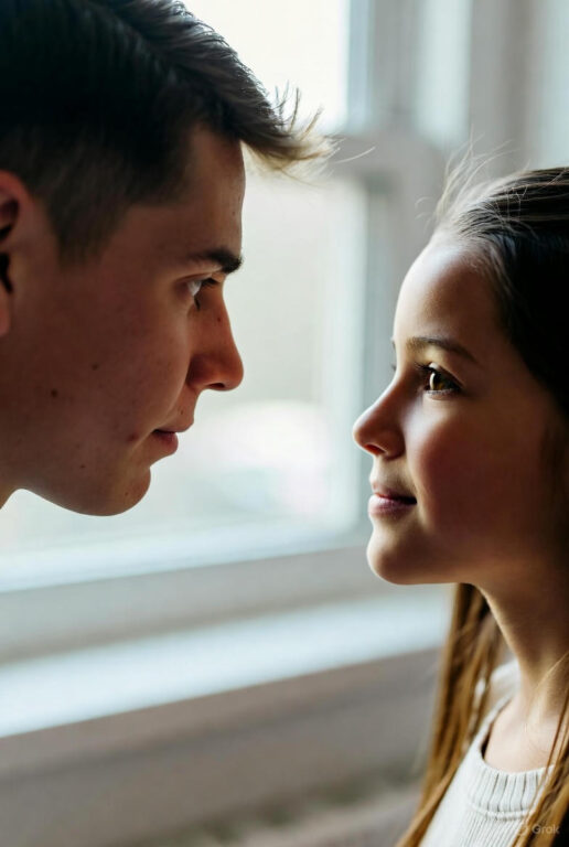 two individuals facing each other closely near a window, suggesting care and connection