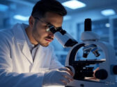 A researcher in a white lab coat examines a sample under a microscope in a high-tech laboratory focused on advanced materials.