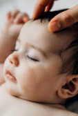 A close-up image of a 3-9 month old baby being gently groomed, with a caring hand touching the baby's head.
