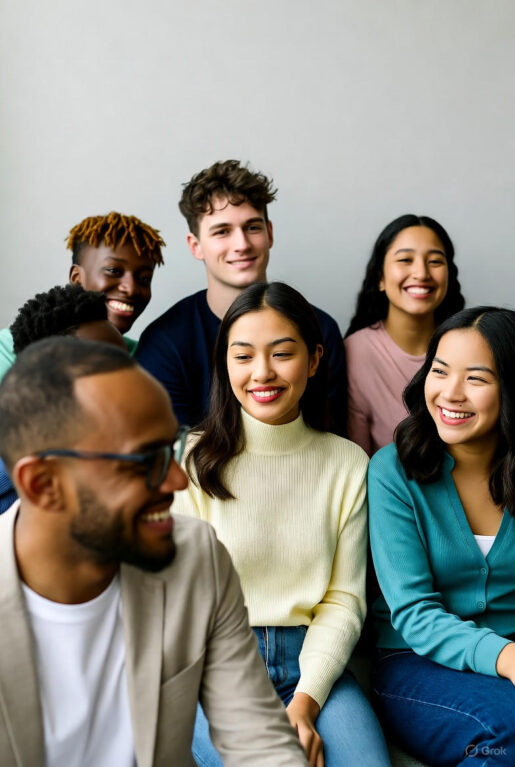 A group of diverse young adults aged 23-25 thriving in their careers, smiling confidently in professional attire.