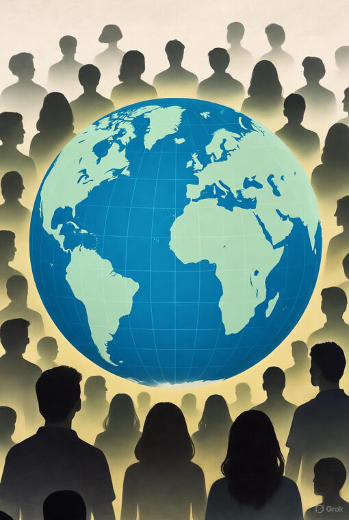 A diverse group of 26-30-year-olds depicted as silhouettes and portraits surrounding a globe, symbolizing global leadership, with a vibrant collage of faces below representing unity and progress.