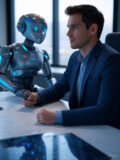 Two individuals collaborating in a modern office setting, one represented by a futuristic robot, symbolizing Jules Tools and Copilot.