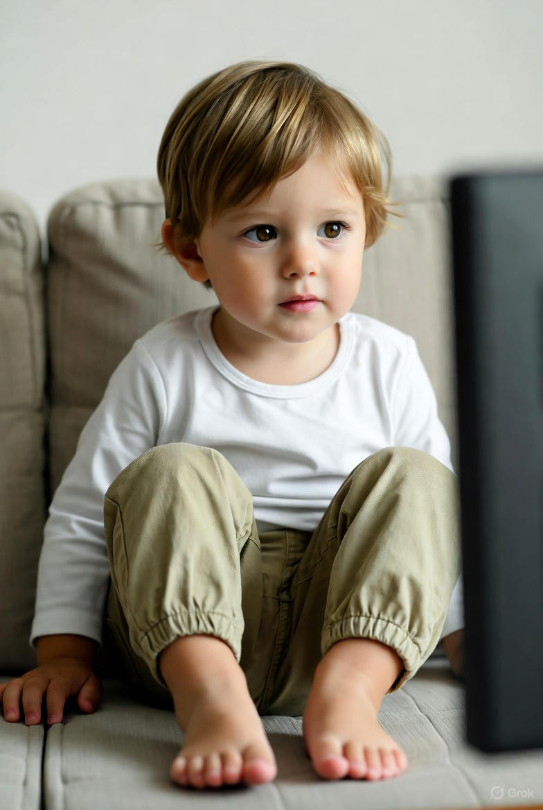 A 4-5-year-old child sitting on a couch, watching a blurred TV screen in a cozy room with wooden floors and neutral walls.
