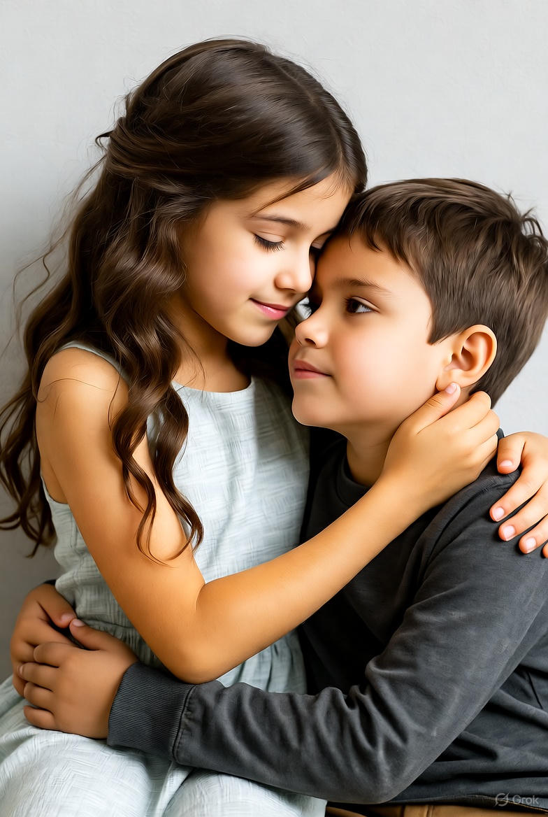 Two children, a girl and a boy aged 9-12, nurturing each other with a hug and a smile.