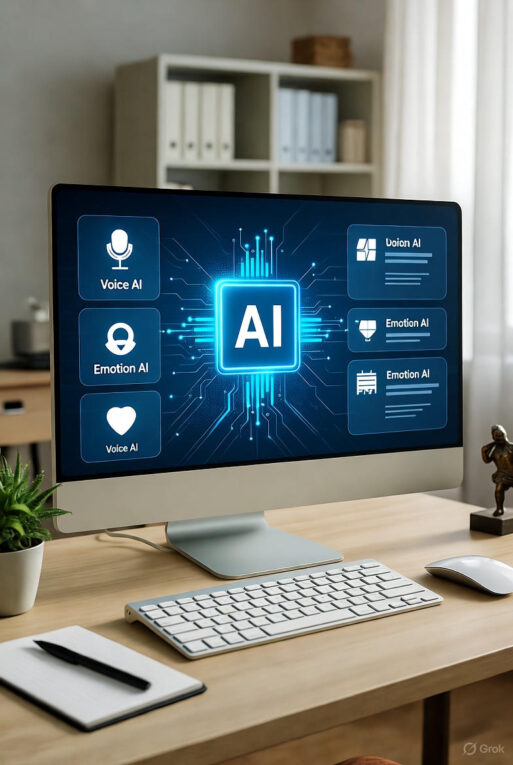 desktop computer displays a futuristic interface with "Voice AI" and "Emotion AI" modules connected to a glowing central AI core.