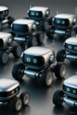 A group of futuristic swarm robots with rounded bodies and multiple wheels, arranged densely, showcasing coordinated tasks with subtle ethical implication symbols in the background.