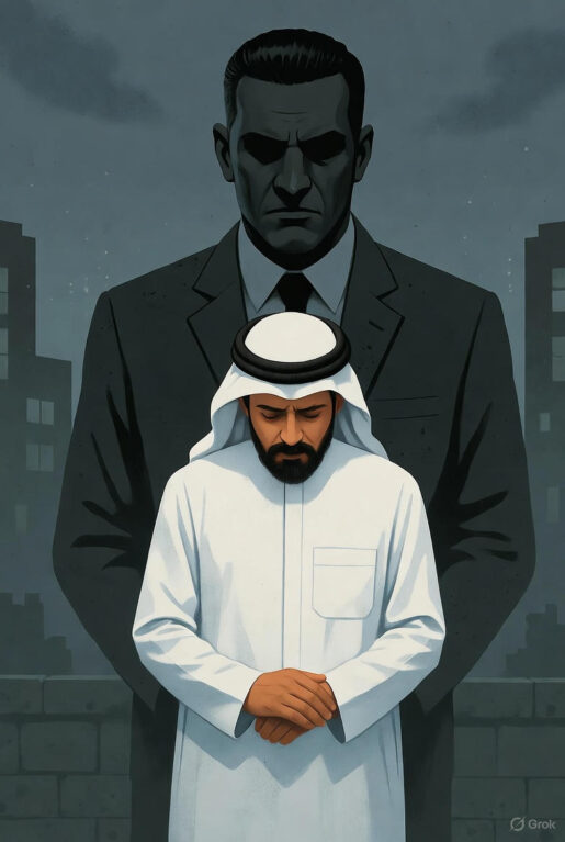 Illustration depicting the kafala system with a central figure in traditional attire surrounded by others, symbolizing control and hierarchy.