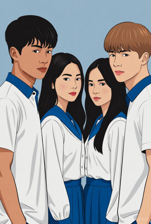 A group of four young individuals, two boys and two girls aged 19-22, wearing matching white shirts with blue collars and skirts, standing together.
