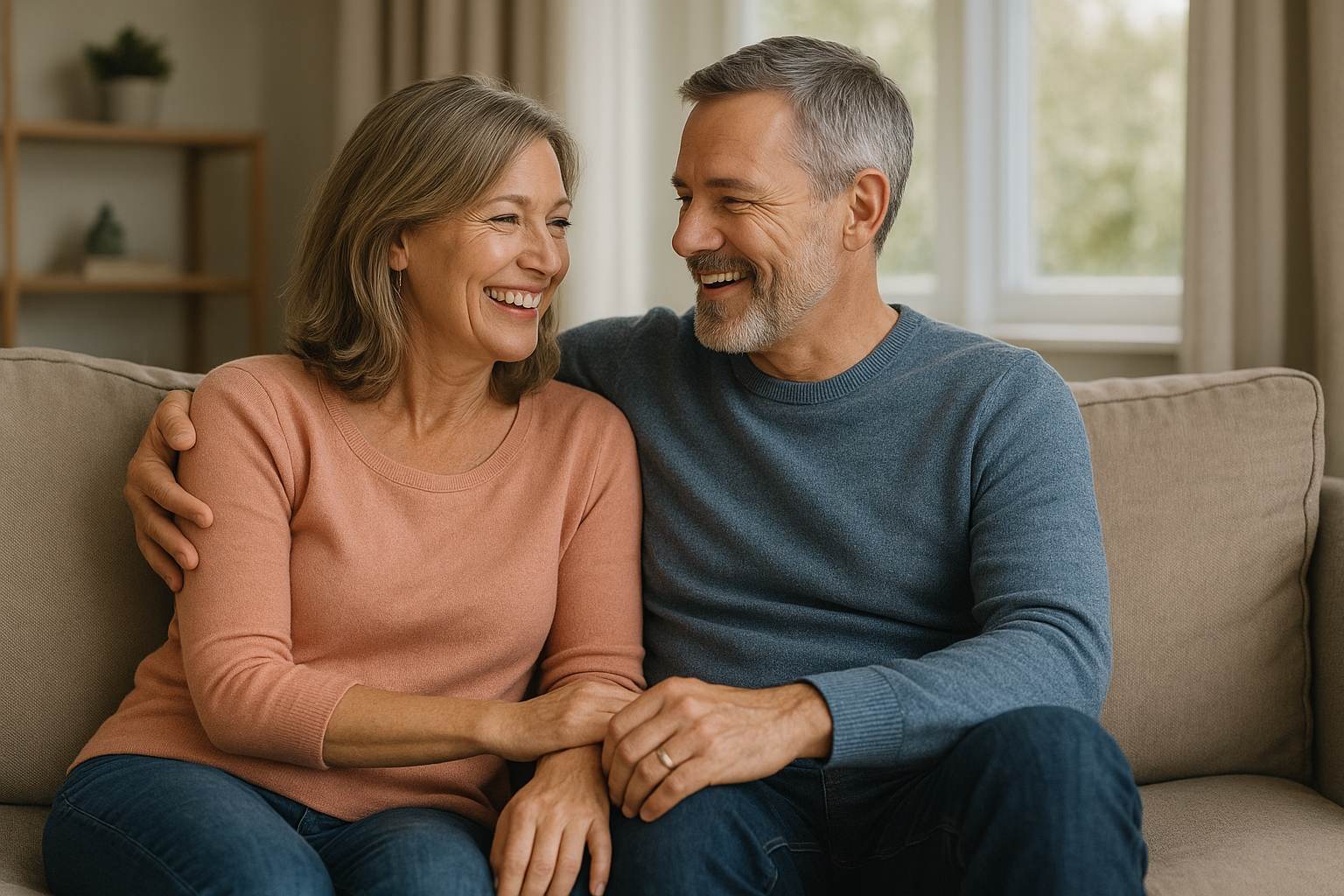 A smiling middle-aged couple sitting closely on a sofa, laughing and holding hands in a warm, cozy living room.