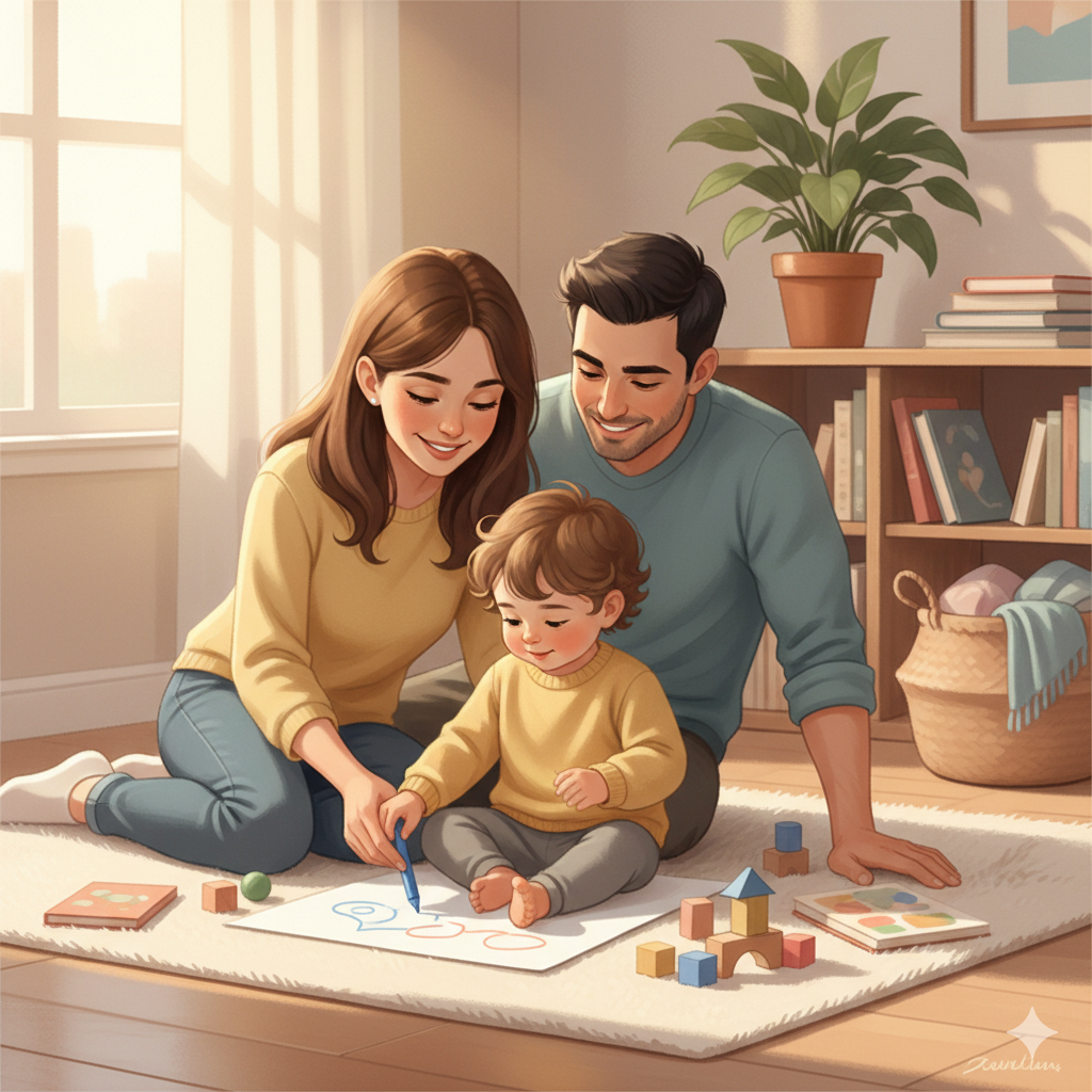 Loving parents nurturing a child as they draw on the floor in a sunlit, cozy home, modern illustration style.