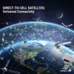 A stunning, wide-angle depiction of the Earth from space at night, heavily populated with hundreds of Direct-to-Cell (DTC) satellites orbiting in Low Earth Orbit (LEO). Blue lines of connectivity weave between the satellites and down to lit urban areas on the ground, illustrating a dense, global network. The upper atmosphere has a glow, and a crescent moon is visible in the dark sky above. Text overlay reads "DIRECT-TO-CELL SATELLITES: Universal Connectivity" and a logo for "GLOBAL LINK" is in the bottom right corner.