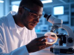 A scientist in a lab coat holding a petri dish with glowing cells, working with a microscope, representing synthetic biology and gene editing.