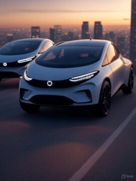 A futuristic cityscape with sleek flying cars hovering over a skyline at dusk.