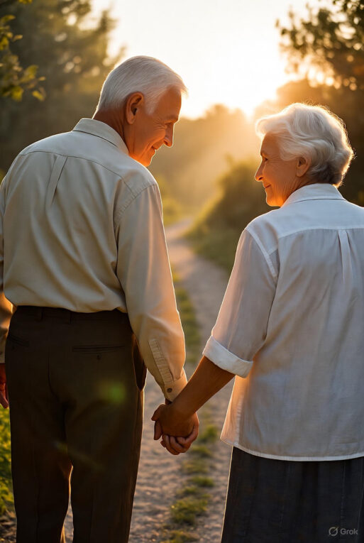 A peaceful elderly couple walking hand-in-hand on a quiet path during a golden sunset with warm sunlight and a calm nature background.