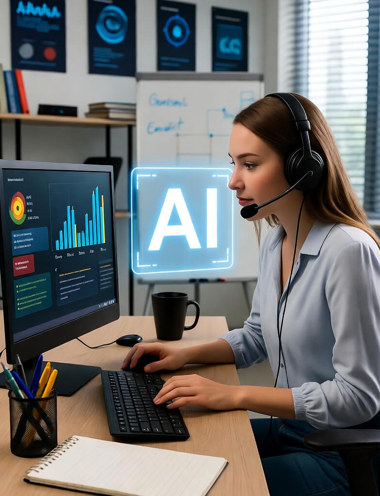 A professional woman wearing a headset works at a computer displaying voice and emotion AI analytics, with a glowing "AI" hologram floating above the desk.