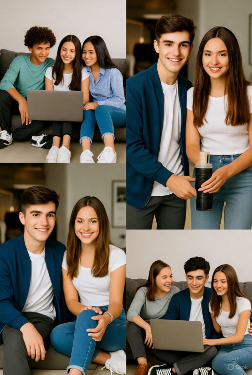 A collage of 15-18 year olds, including boys and girls, engaged in activities like using laptops, playing soccer, basketball, and hanging out with friends