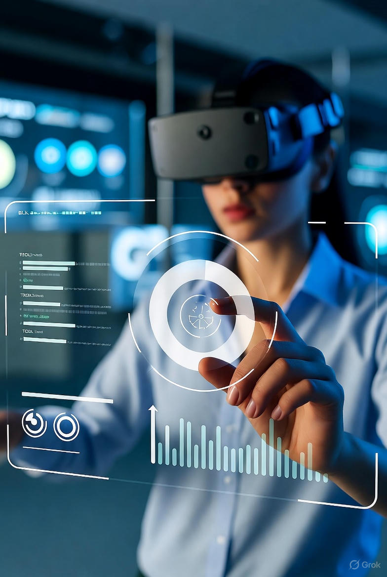 A man wearing a VR headset interacts with a glowing blue holographic circular interface in a dark futuristic control room with multiple screens.