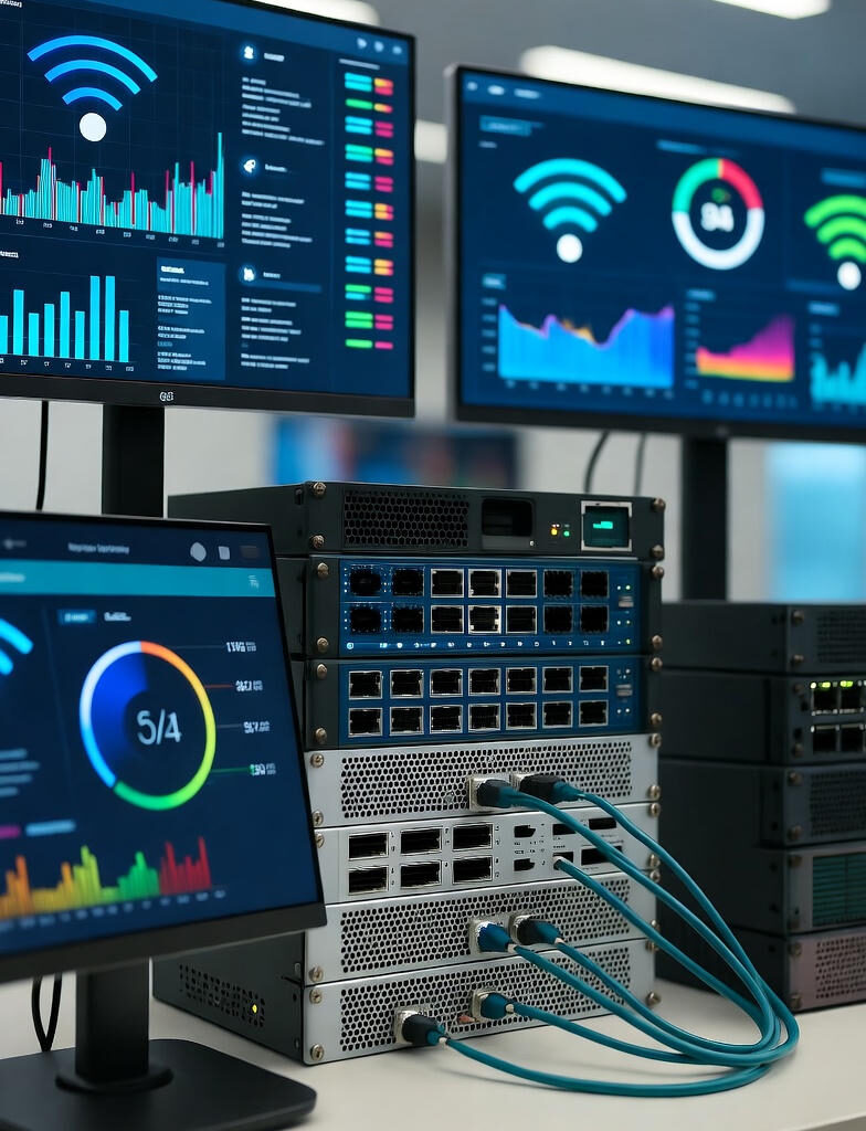 A rack of network switches connected with blue Ethernet cables, surrounded by monitors displaying real-time 6G signal strength, bandwidth graphs, and performance metrics in a data center.