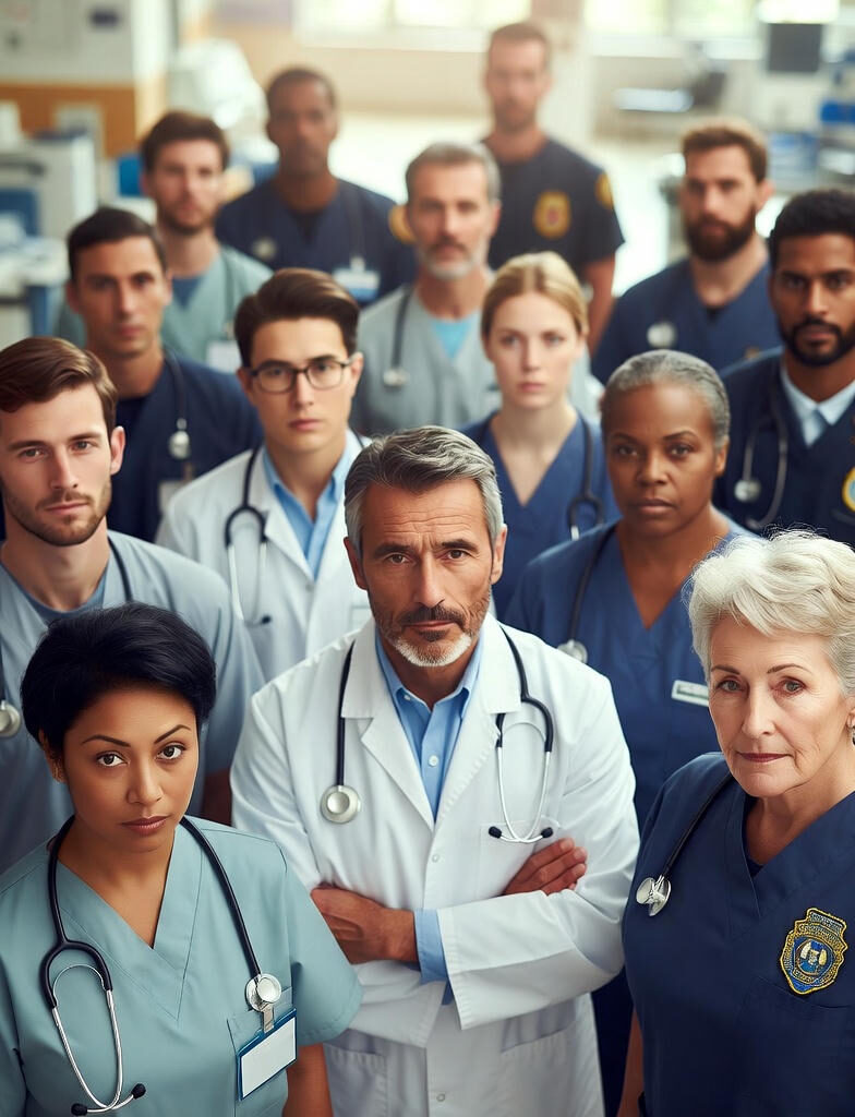 Diverse group of healthcare professionals including doctors, nurses, paramedics, and firefighters standing together in unity, representing coordinated healthcare and social emergency response.