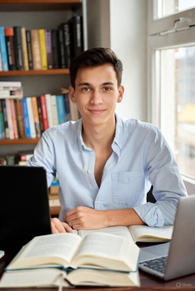 Confident young man smiling at camera while studying with open textbooks and two laptops in a home library setting.