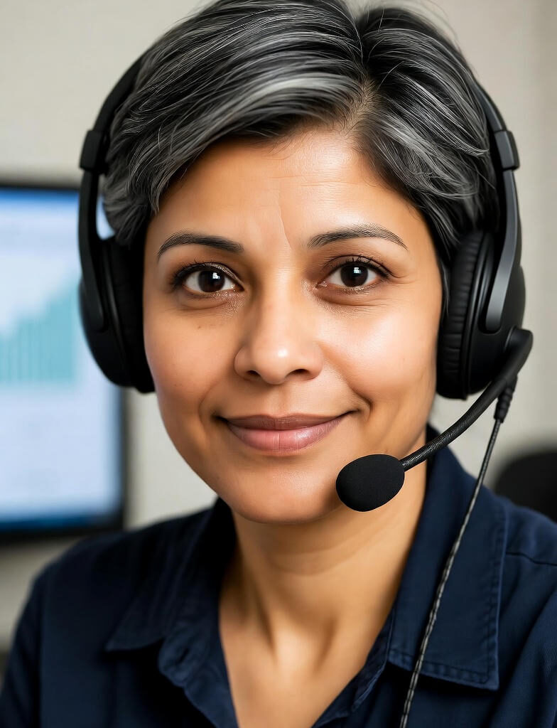 Hyper-Personalized AI Tutor:A professional woman with short silver-gray hair wearing a black headset with microphone, smiling gently at the camera in front of a blurred digital dashboard displaying learning analytics and progress charts.