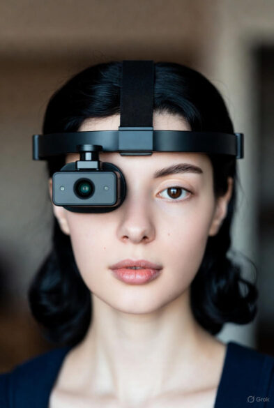 Close-up portrait of a woman with dark wavy hair, wearing a minimalist black headband device. A small rectangular camera with a visible lens covers her left eye, while her right eye remains open. Soft indoor lighting highlights her calm expression.
