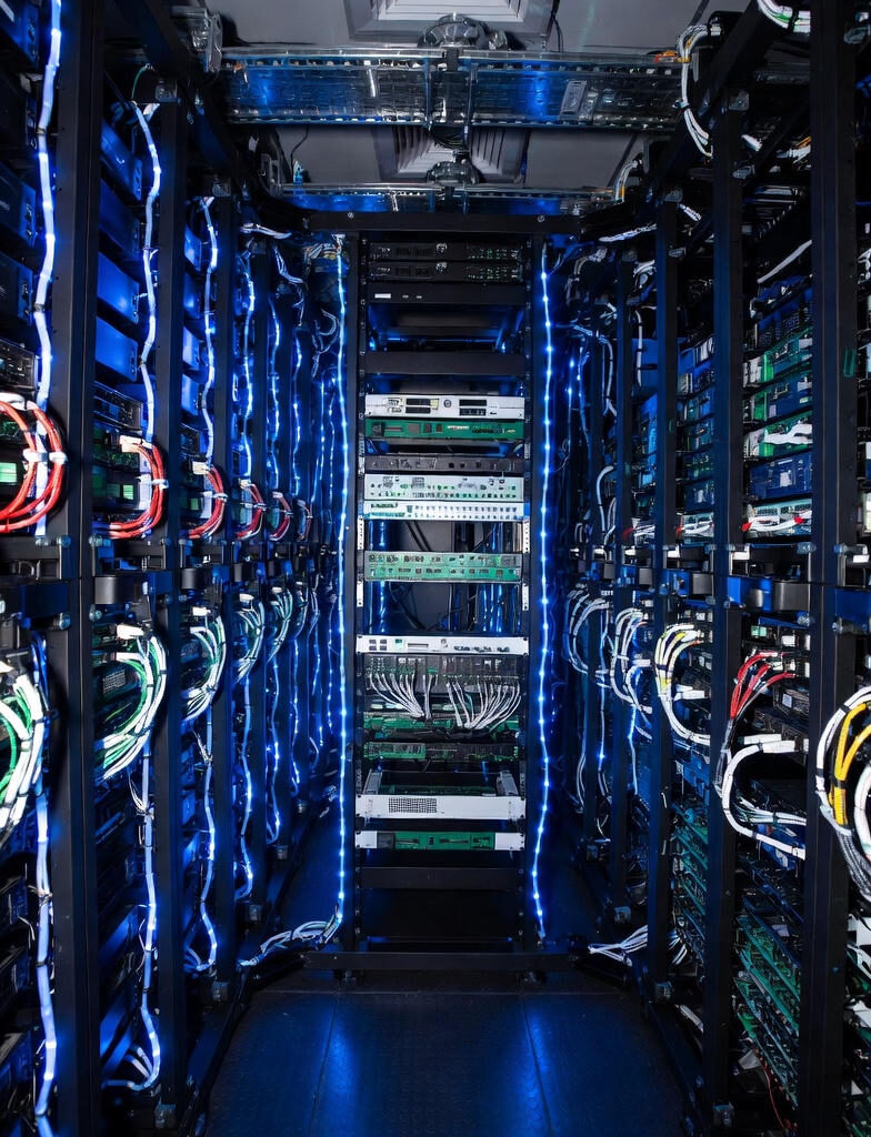 Rows of illuminated server racks in a high-performance enterprise data center, showcasing the physical infrastructure that supports data fabric architectures.