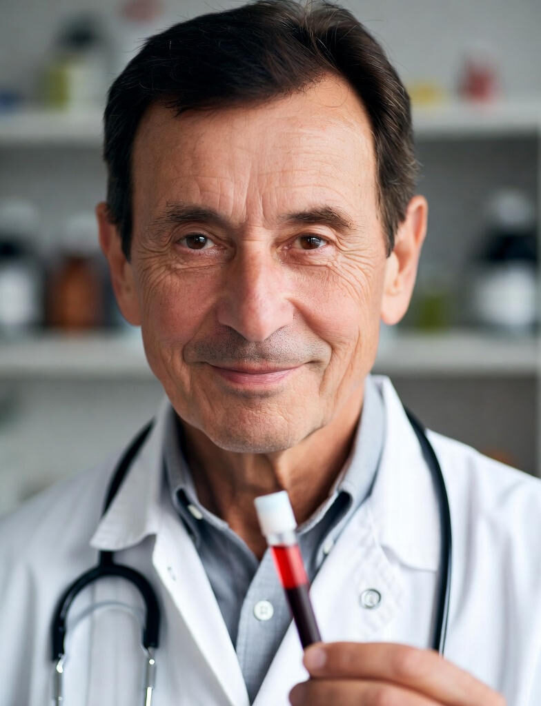 Blood Cancer:Doctor in white coat holding a vial of blood, representing blood cancer diagnosis and research
