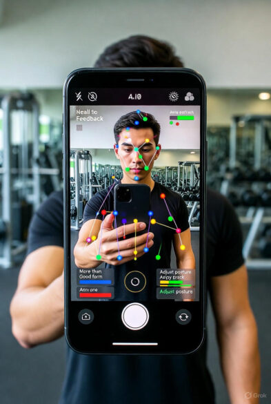 Man holding smartphone in gym mirror selfie, with AI form coach app displaying colorful joint tracking dots (green, yellow, red) and real-time feedback like "Good form" and "Adjust posture" on screen. Title:
