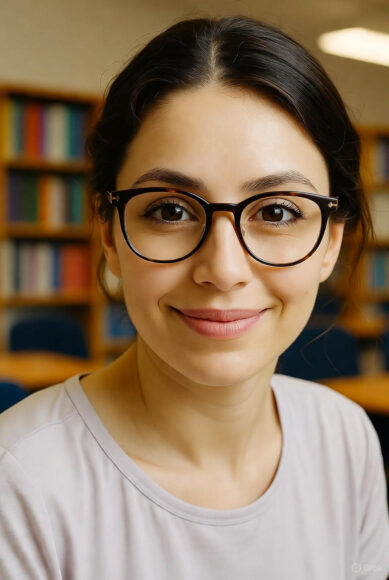 A young woman with long dark hair and tortoiseshell glasses smiling softly in a library setting, with colorful bookshelves blurred in the background, representing a hyper-personalized AI tutor.
