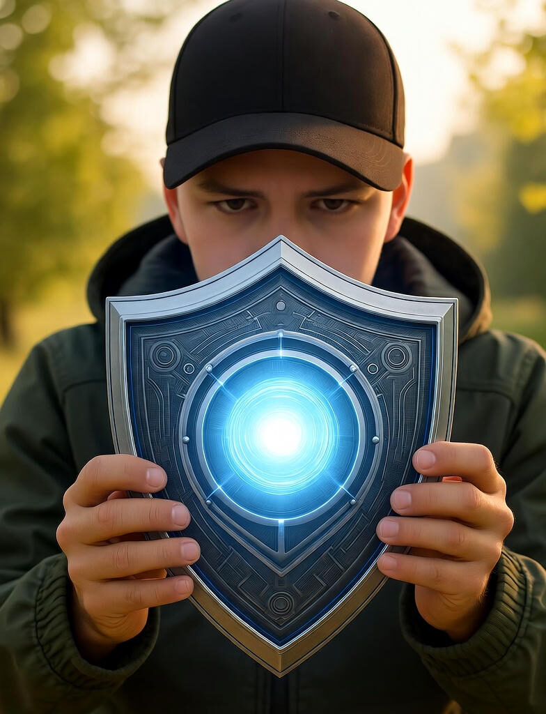 Scam Shield:A person holding a glowing, high-tech shield with intricate circuit patterns and a bright blue energy core in the center, symbolizing AI-powered scam protection.