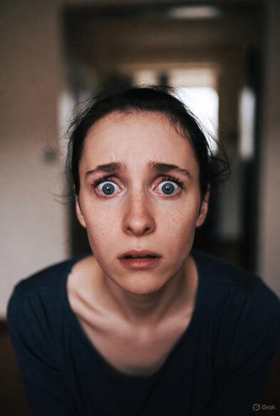 A young woman looking up with wide, fearful eyes and a tense expression, illuminated softly in an indoor setting.