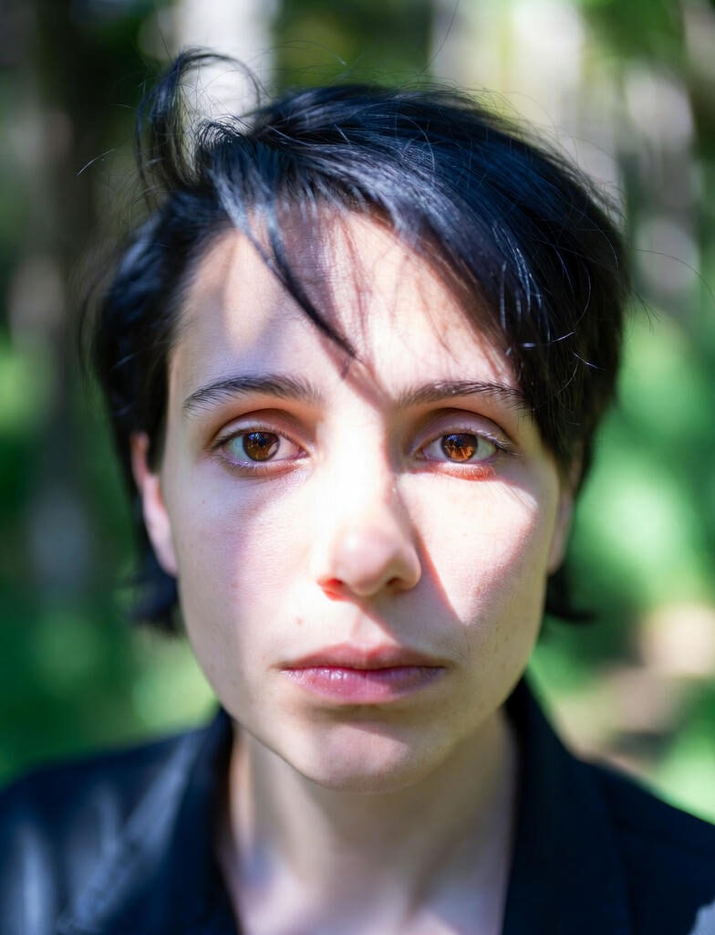 Close-up portrait of a young person with short dark hair standing outdoors, looking directly at the camera with a neutral, flat expression and empty gaze suggestive of abulia.