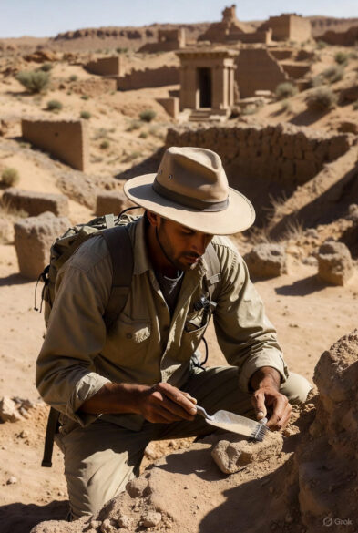 An archaeologist wearing a beige safari hat and lightweight gear kneels in the sandy desert, brushing dust from an ancient stone artifact at a ruined mud-brick city site under a clear blue sky.