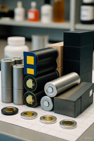 Lab bench with cylindrical battery cells, black pouch cells with yellow terminals, and coin-cell components under development.