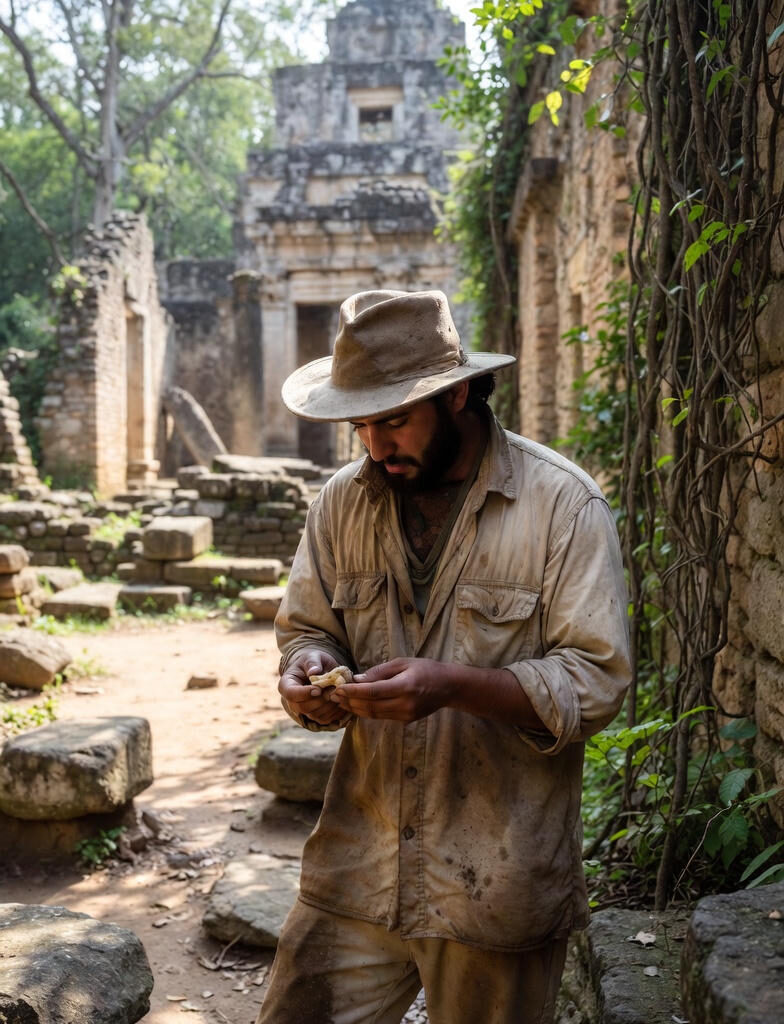 AI Archeology:An archaeologist in a beige hat and dirty khaki outfit examines a small ancient artifact in his hands amidst overgrown jungle ruins with stone temples and vines in the background.