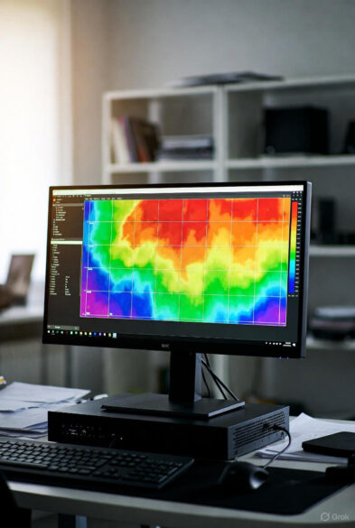 A widescreen monitor on a desk in a well-lit office displaying a detailed thermal heat map with vibrant color gradients from purple to red, connected to a compact PC tower, keyboard, and mouse.